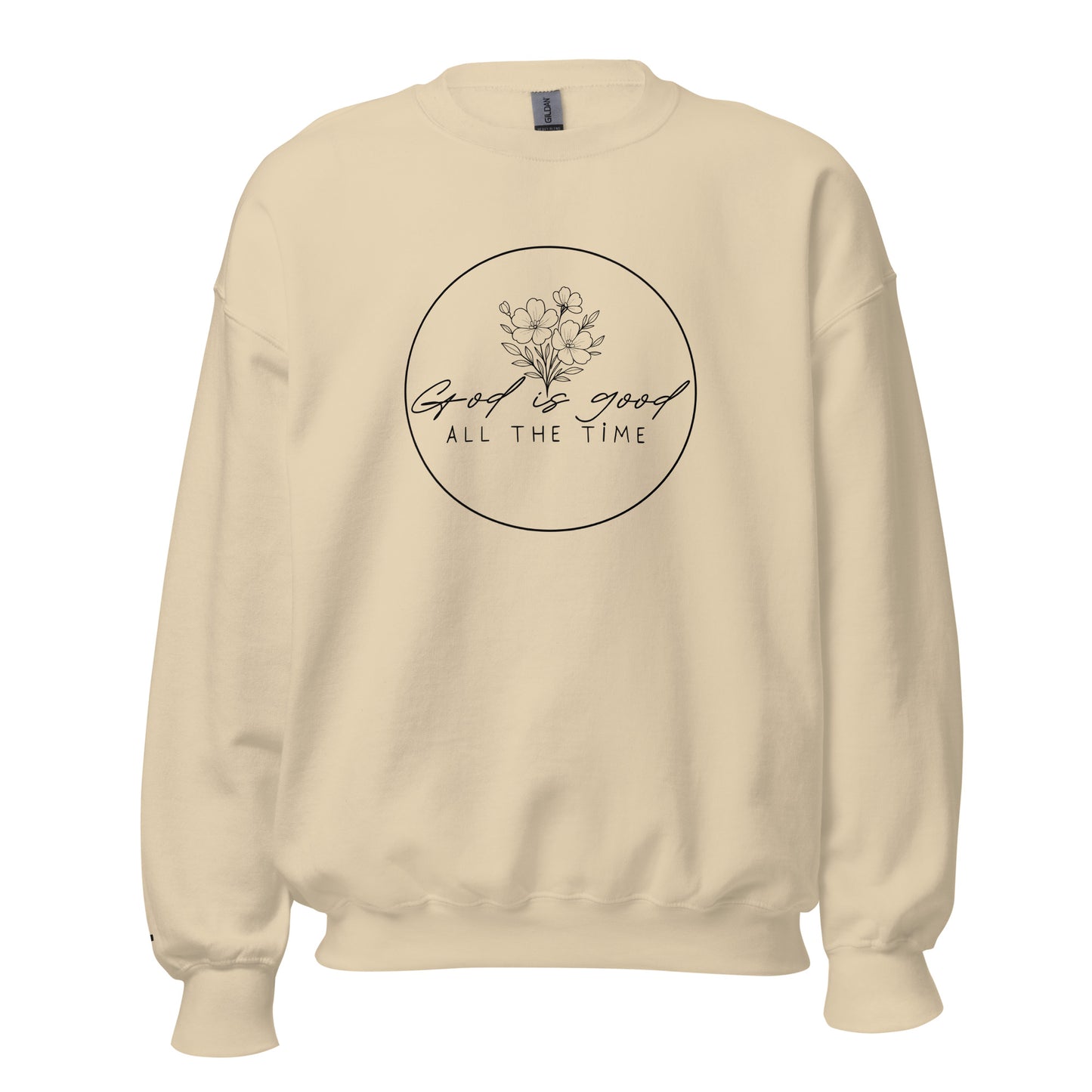 Sand cream women’s faith sweatshirt with “God is good all the time” floral design and embroidered cross on wrist – TKC Supply Co.