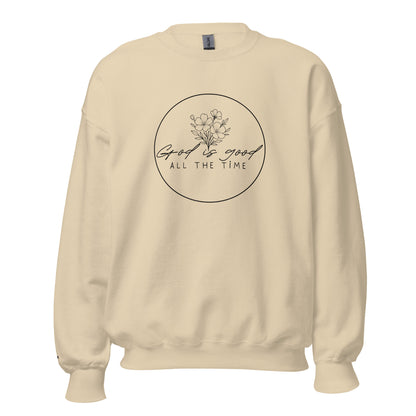 Sand cream women’s faith sweatshirt with “God is good all the time” floral design and embroidered cross on wrist – TKC Supply Co.