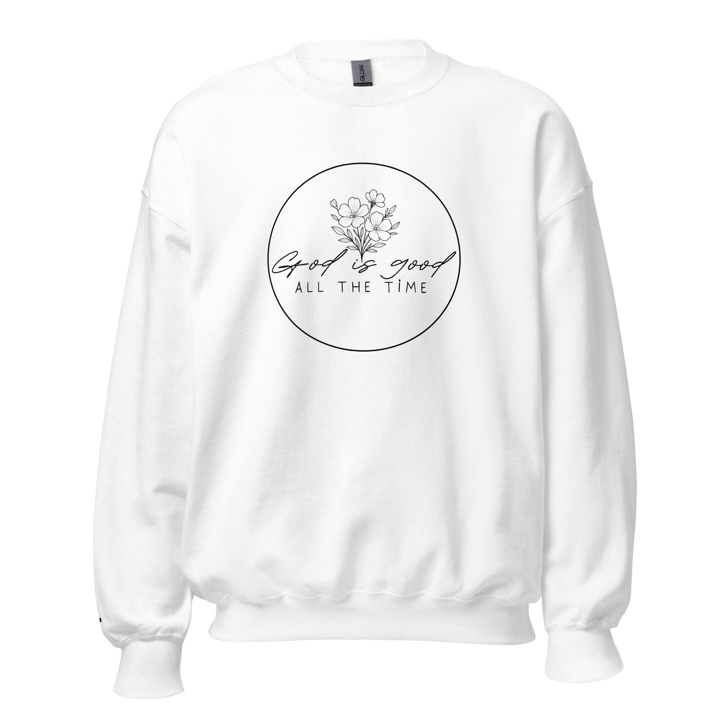 White women’s faith sweatshirt with “God is good all the time” floral design and embroidered cross on wrist – TKC Supply Co.