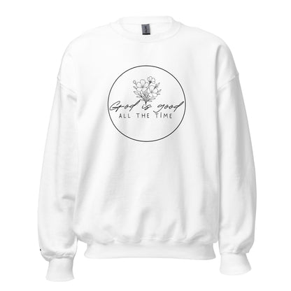 White women’s faith sweatshirt with “God is good all the time” floral design and embroidered cross on wrist – TKC Supply Co.