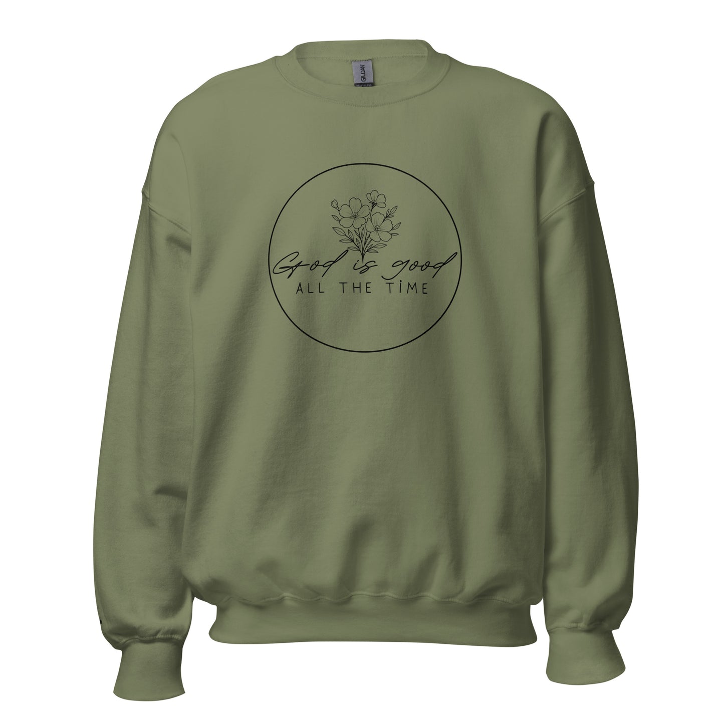 Olive women’s faith sweatshirt with “God is good all the time” floral design and embroidered cross on wrist – TKC Supply Co.