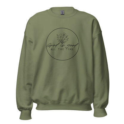 Olive women’s faith sweatshirt with “God is good all the time” floral design and embroidered cross on wrist – TKC Supply Co.