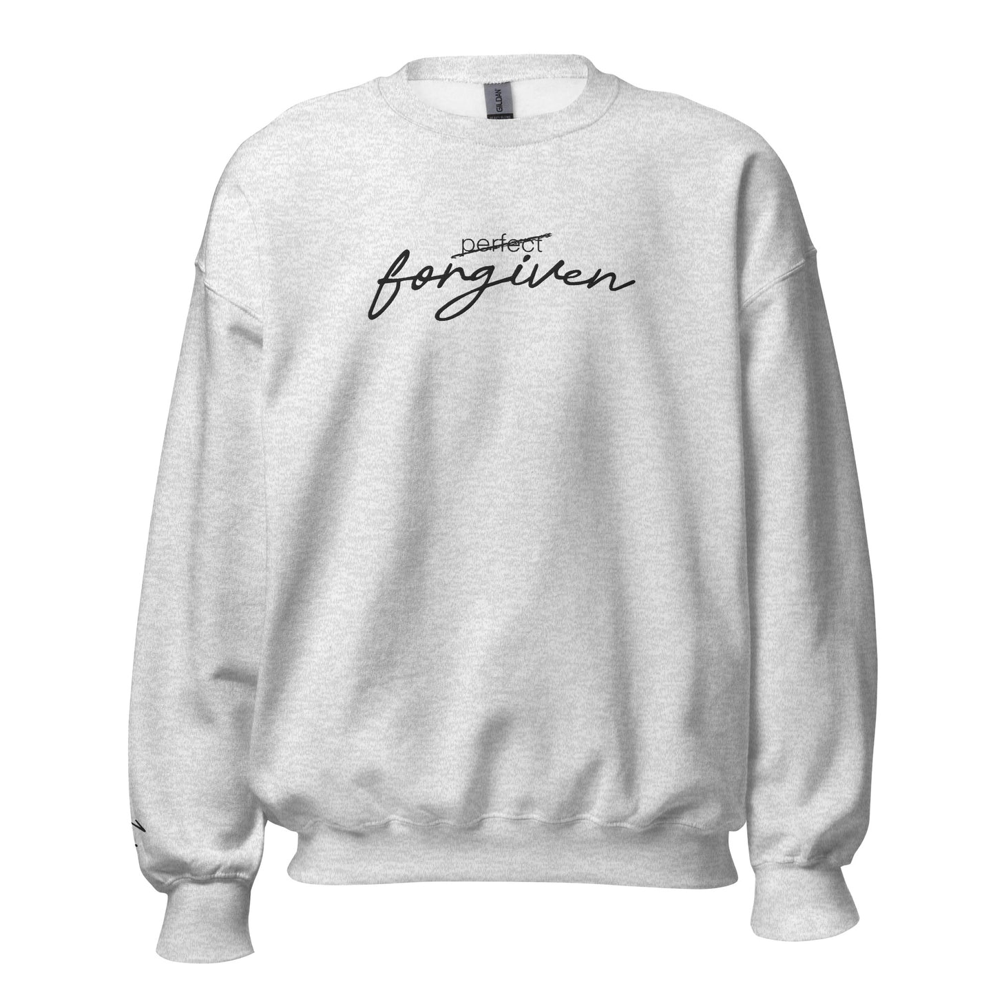 Ash grey Christian sweatshirt with ‘Not Perfect Just Forgiven’ text inspired by 1 John 1:9 – unisex crew neck