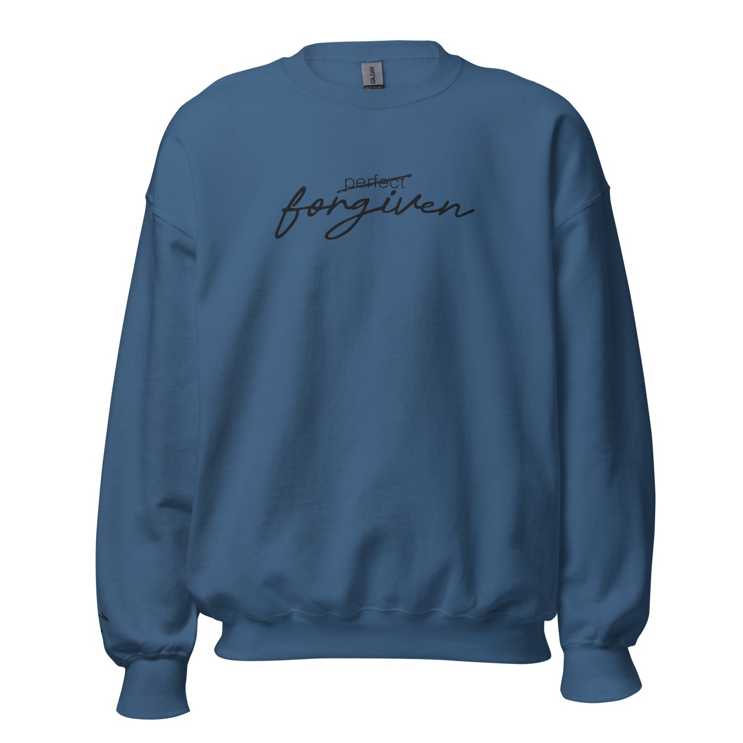 Indigo blue Christian sweatshirt with ‘Not Perfect Just Forgiven’ text inspired by 1 John 1:9 – unisex crew neck