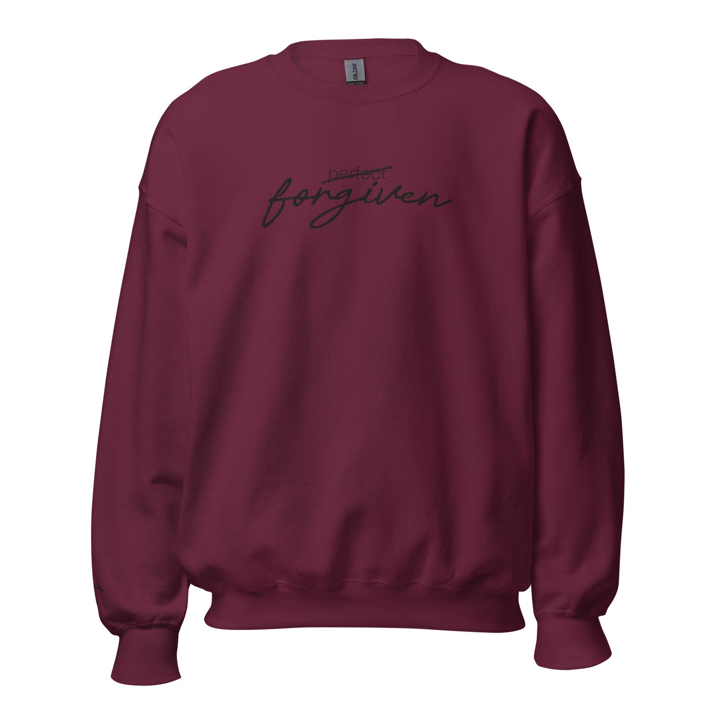 Maroon Christian sweatshirt with ‘Not Perfect Just Forgiven’ text inspired by 1 John 1:9 – unisex crew neck