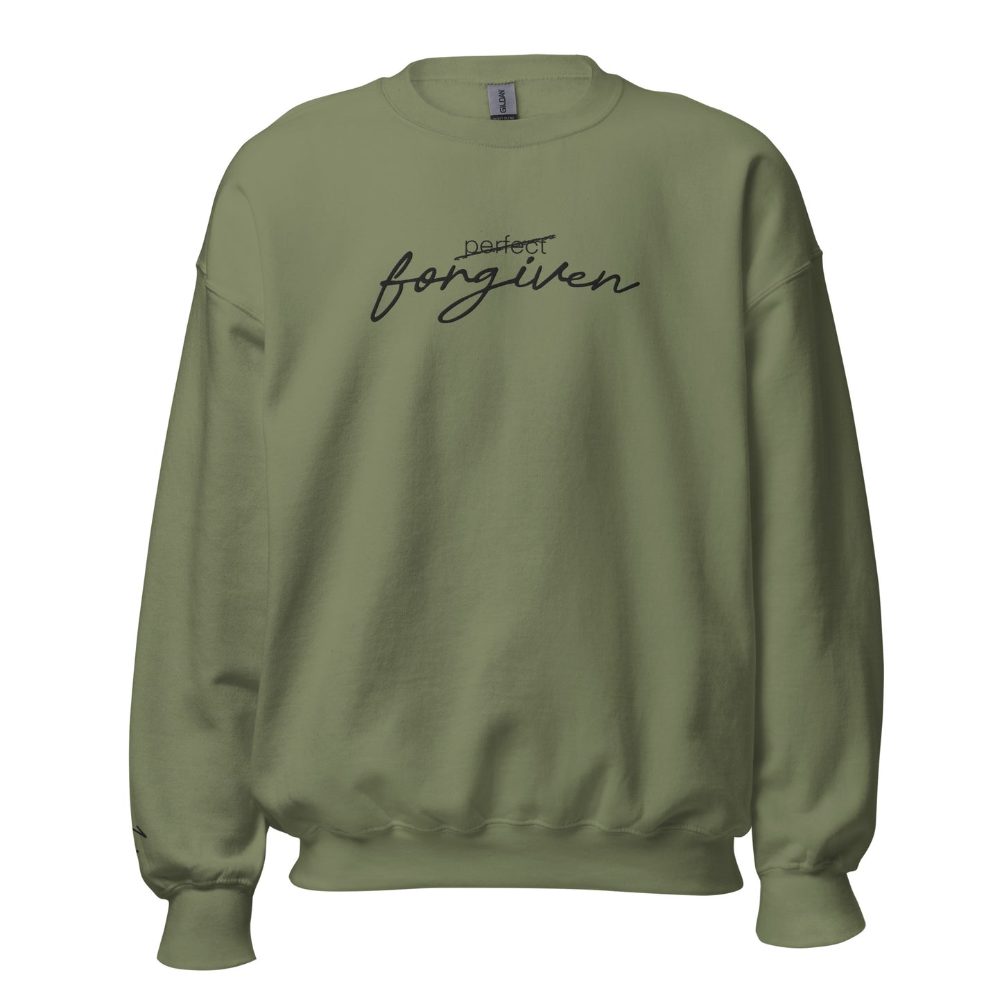 Olive Christian sweatshirt with ‘Not Perfect Just Forgiven’ text inspired by 1 John 1:9 – unisex crew neck