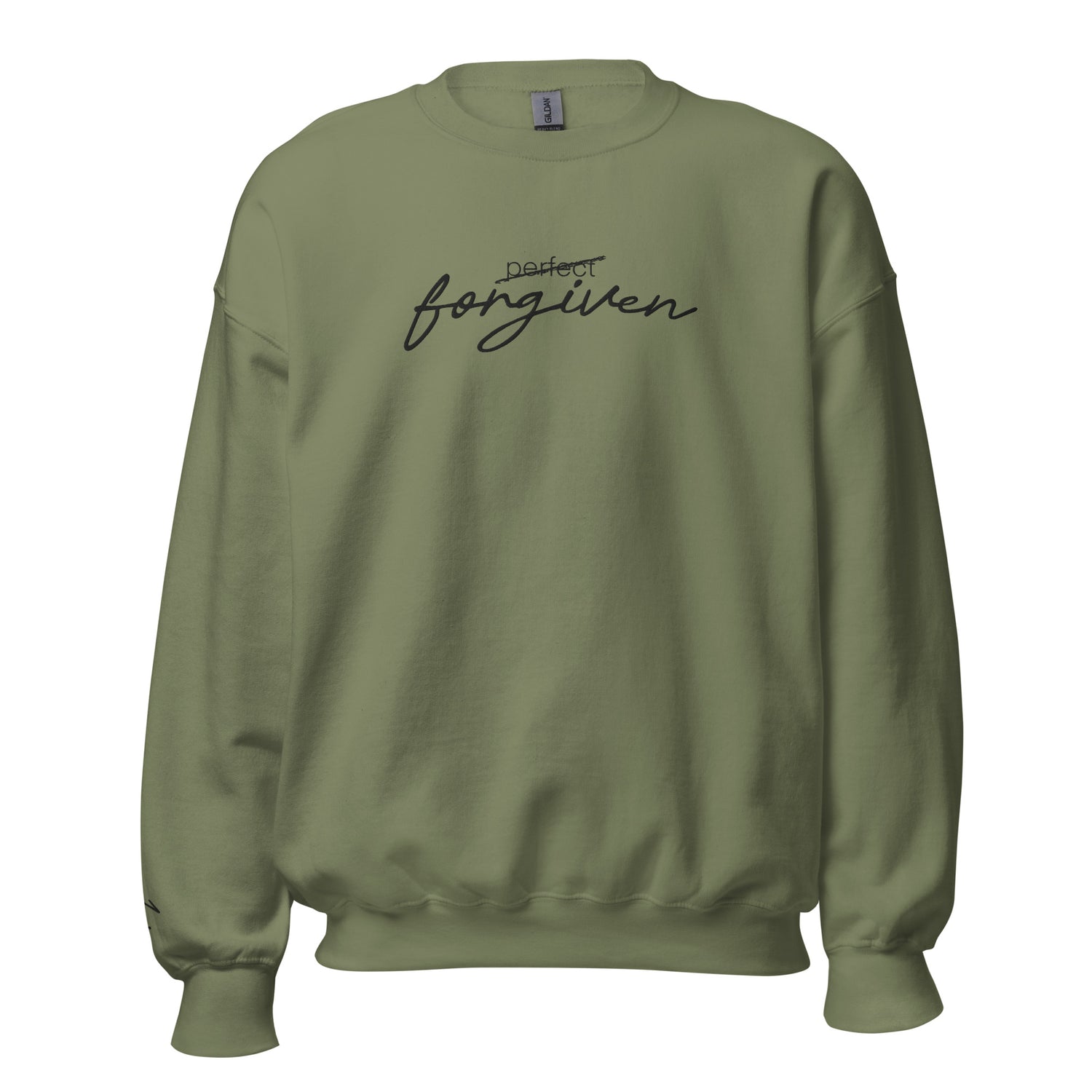 Olive Christian sweatshirt with ‘Not Perfect Just Forgiven’ text inspired by 1 John 1:9 – unisex crew neck