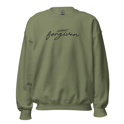 Olive Christian sweatshirt with ‘Not Perfect Just Forgiven’ text inspired by 1 John 1:9 – unisex crew neck