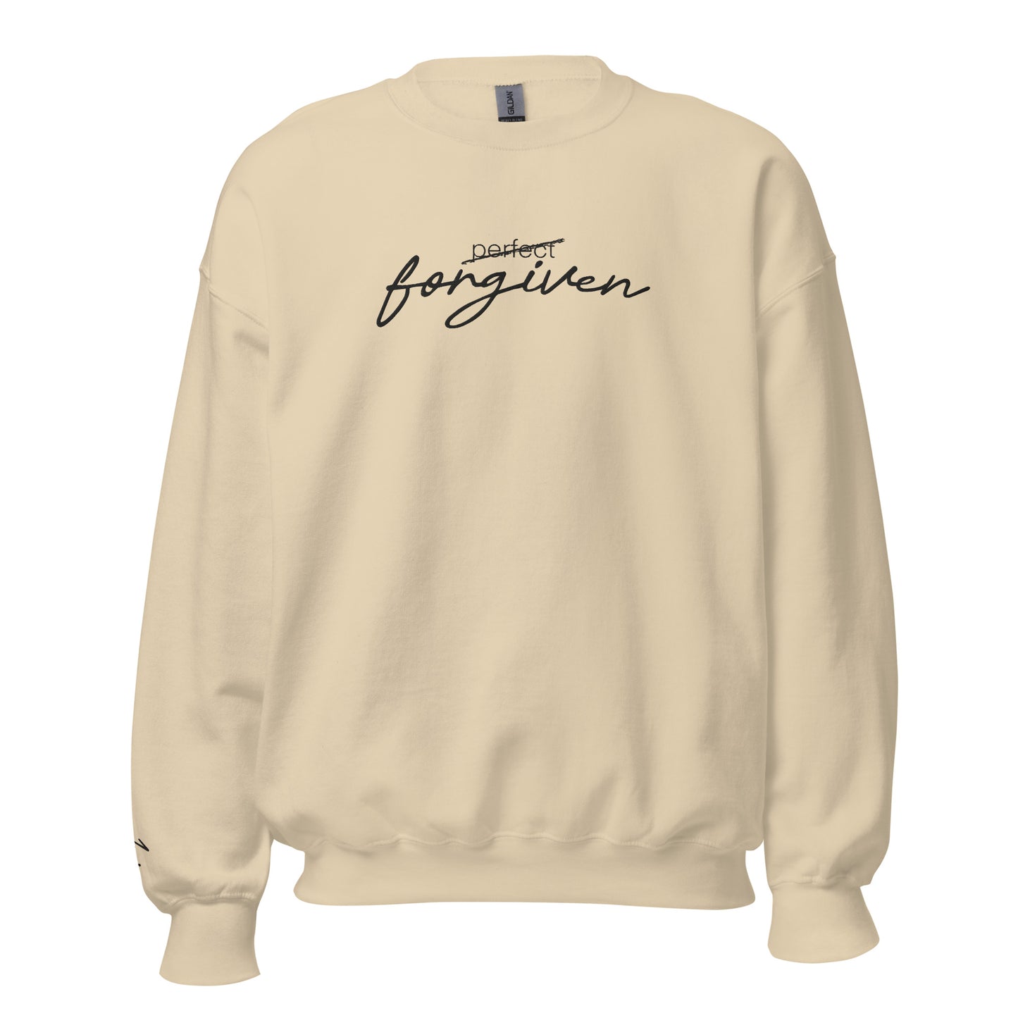 Sand, cream Christian sweatshirt with ‘Not Perfect Just Forgiven’ text inspired by 1 John 1:9 – unisex crew neck