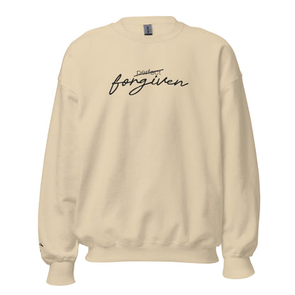 Sand, cream Christian sweatshirt with ‘Not Perfect Just Forgiven’ text inspired by 1 John 1:9 – unisex crew neck