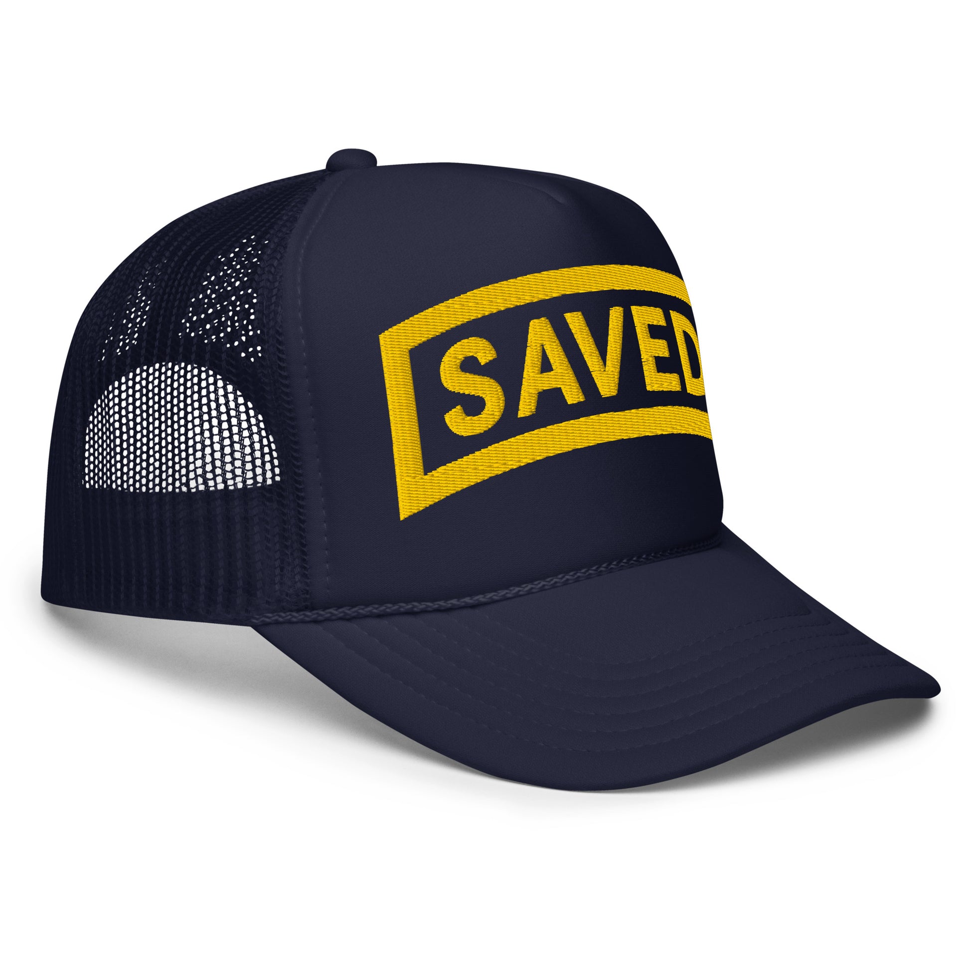 Side view of navy SAVED tab foam trucker hat with mesh back