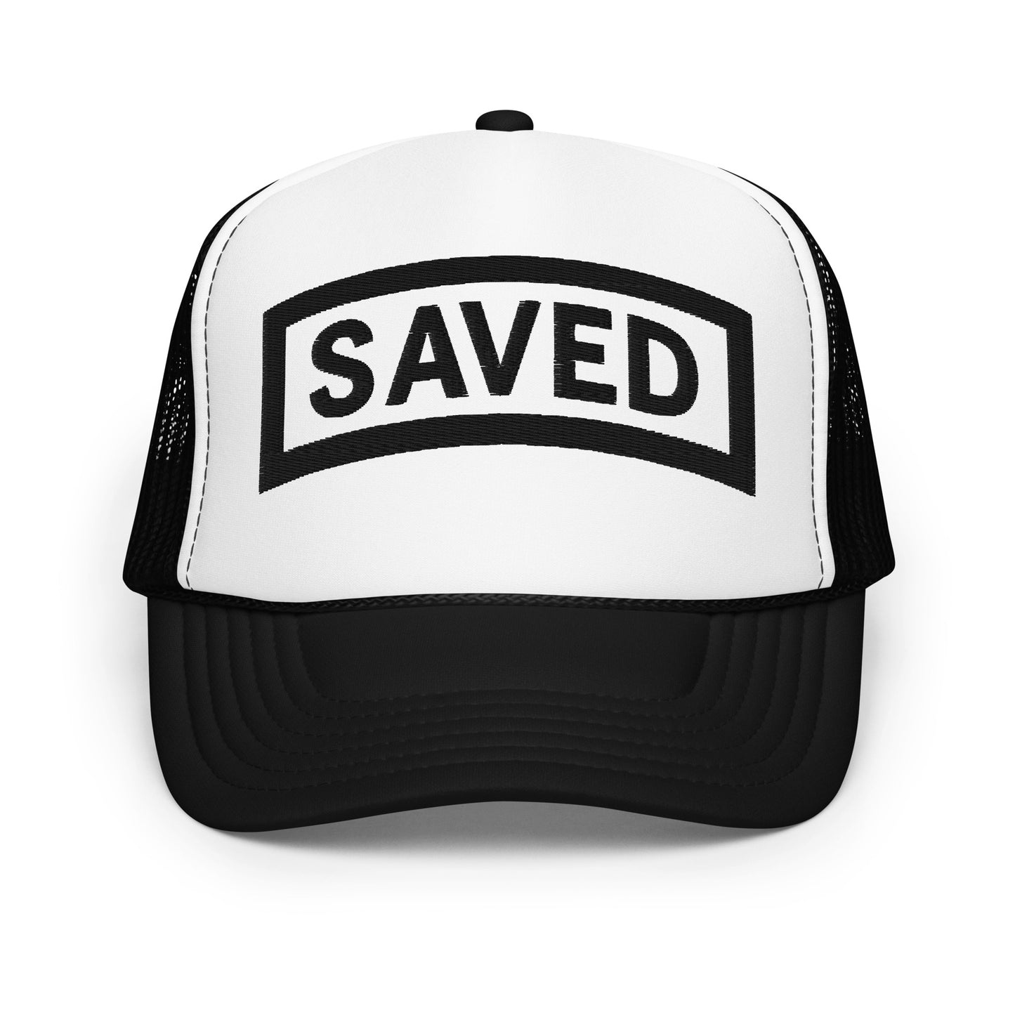 White and black Christian trucker hat with bold black SAVED patch