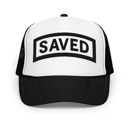 White and black Christian trucker hat with bold black SAVED patch