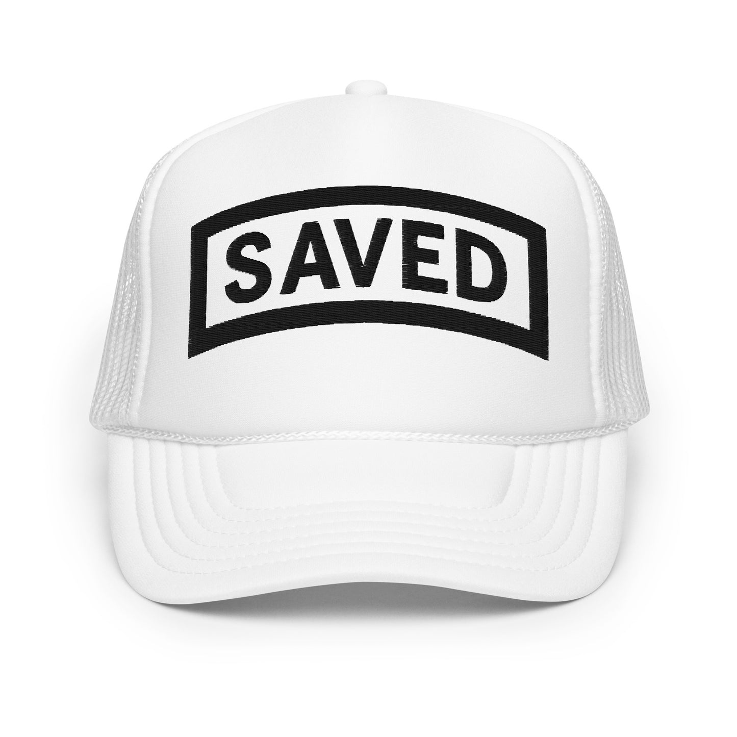 White Christian trucker hat with bold black SAVED patch
