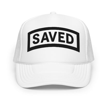 White Christian trucker hat with bold black SAVED patch