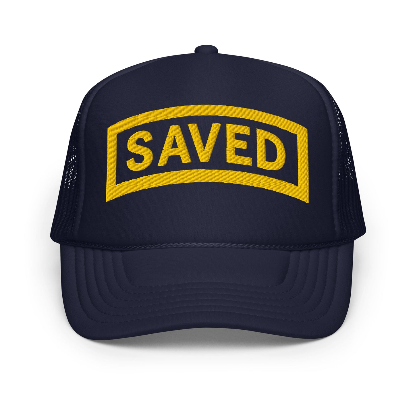 Navy Christian trucker hat with embroidered SAVED patch