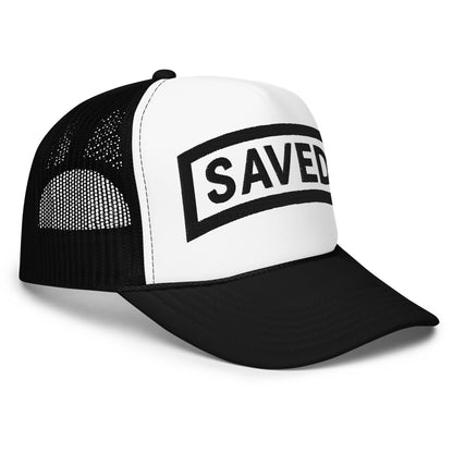 Side view of white and black SAVED tab foam hat with black mesh and snapback