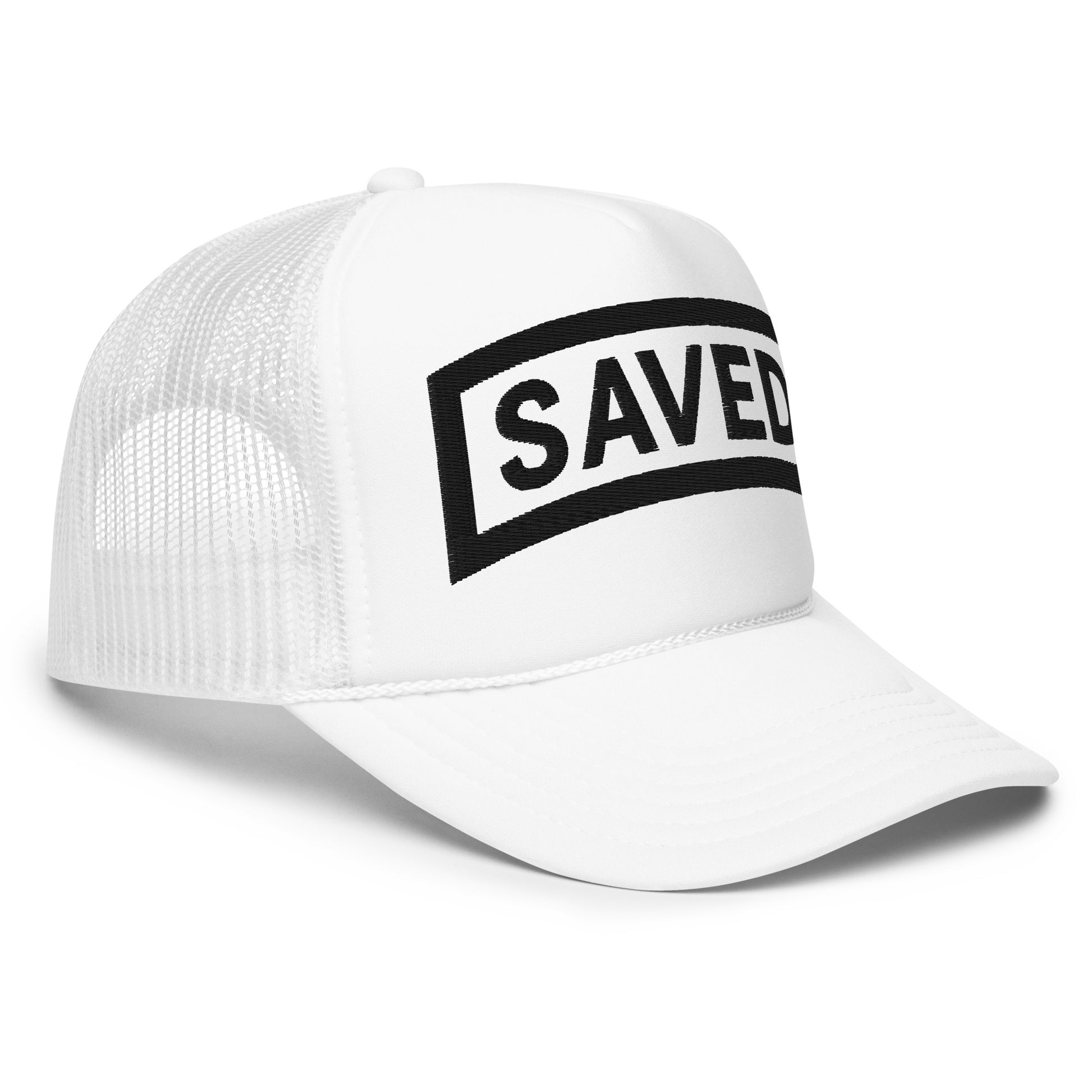 Side view of white SAVED tab foam hat with black mesh and snapback
