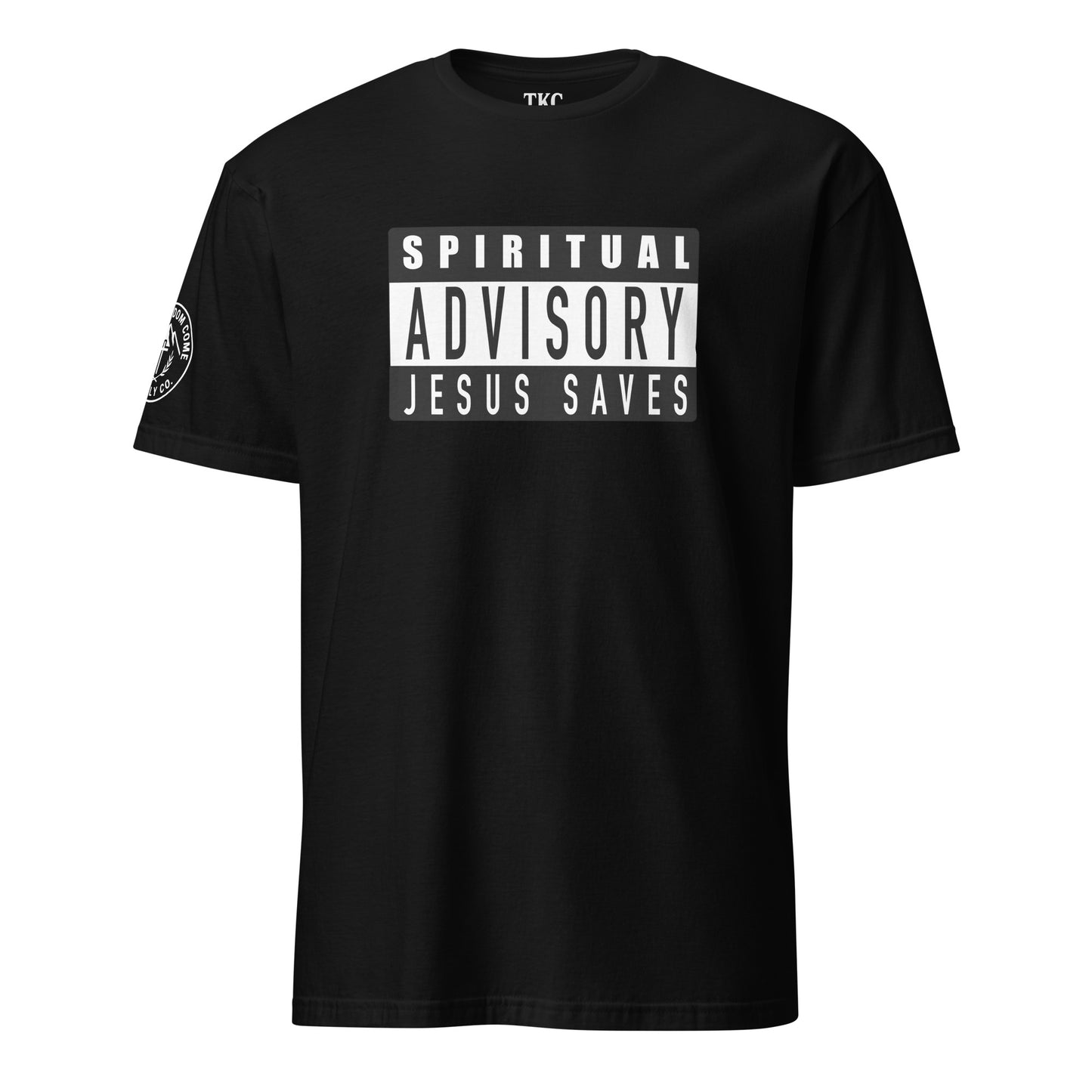 Black Christian t-shirt with bold Spiritual Advisory Jesus Saves label