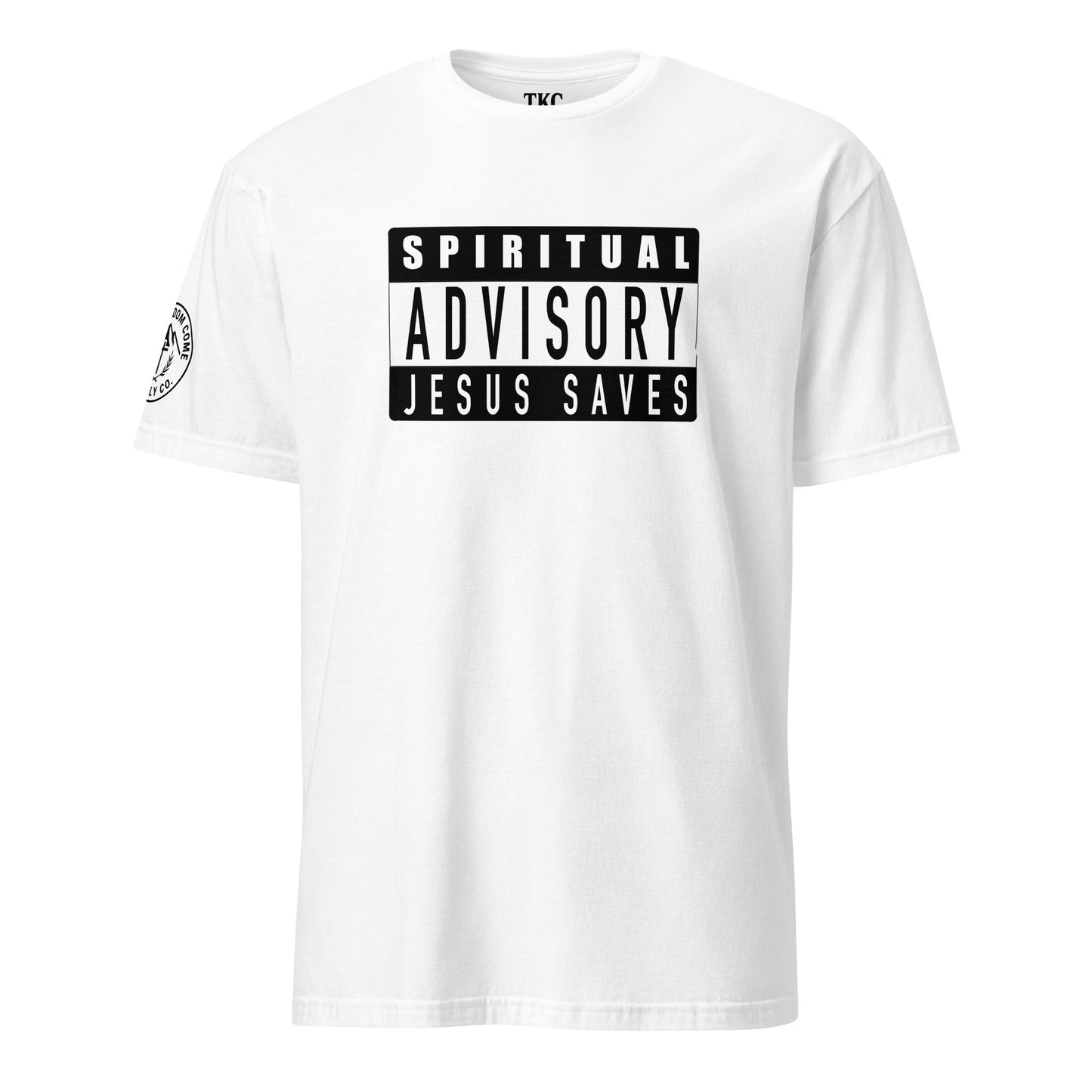 White Christian t-shirt with bold Spiritual Advisory Jesus Saves label