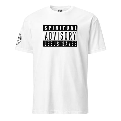 White Christian t-shirt with bold Spiritual Advisory Jesus Saves label