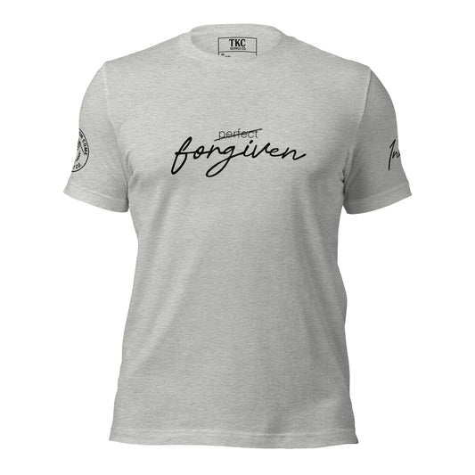 Front view of the Not Perfect, Forgiven Christian T-Shirt by Thy Kingdom Come Supply Co. in heather gray.