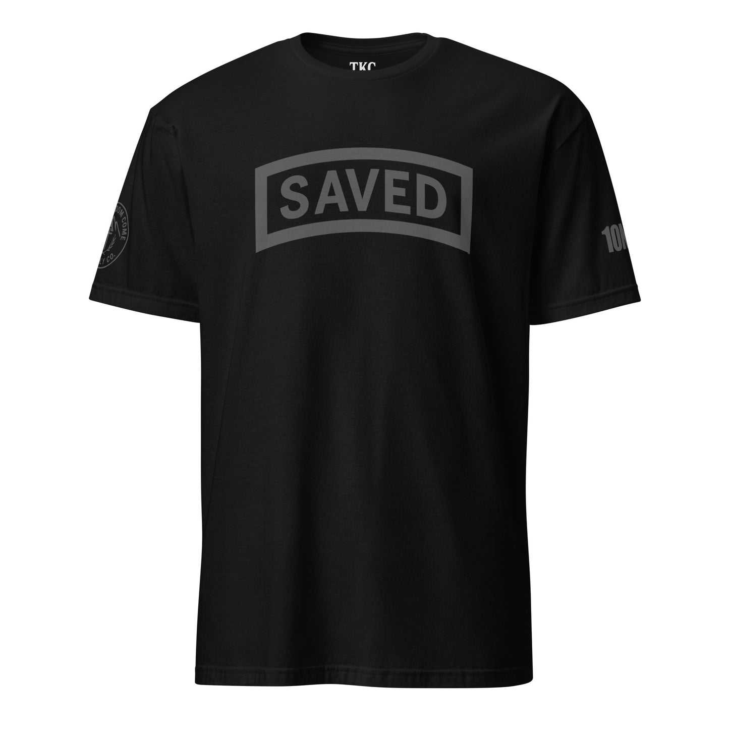 Front view of the SAVED Military Tab Tee by TKC Supply Co., Romans 10:9 Christian T-Shirt in black.