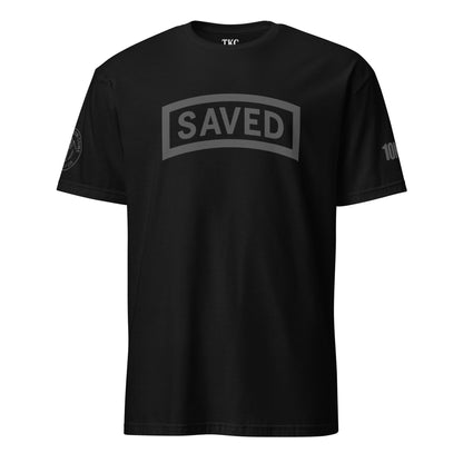 Front view of the SAVED Military Tab Tee by TKC Supply Co., Romans 10:9 Christian T-Shirt in black.