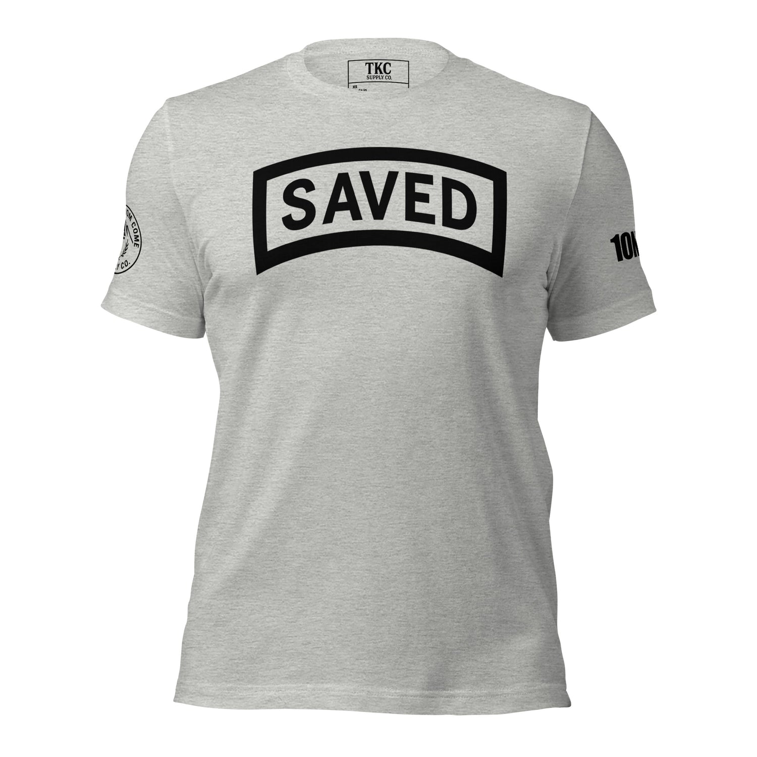 Front view of the SAVED Military Tab Tee by TKC Supply Co., Romans 10:9 Christian T-Shirt in grey.