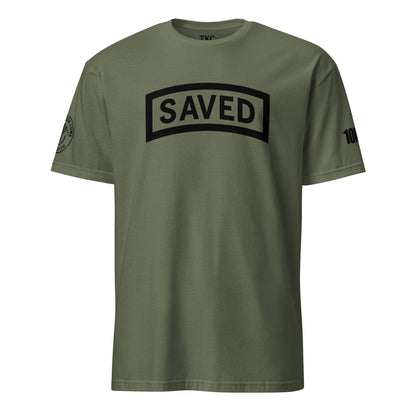 Front view of the SAVED Military Tab Tee by TKC Supply Co., Romans 10:9 Christian T-Shirt in olive green.