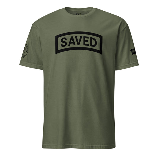 Front view of the SAVED Military Tab Tee by TKC Supply Co., Romans 10:9 Christian T-Shirt in olive green.