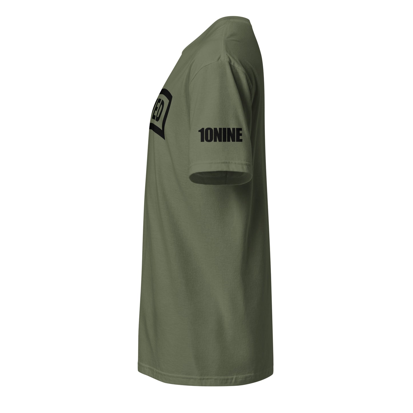 Side view of the SAVED Military Tab Tee with 10NINE sleeve print, olive green.