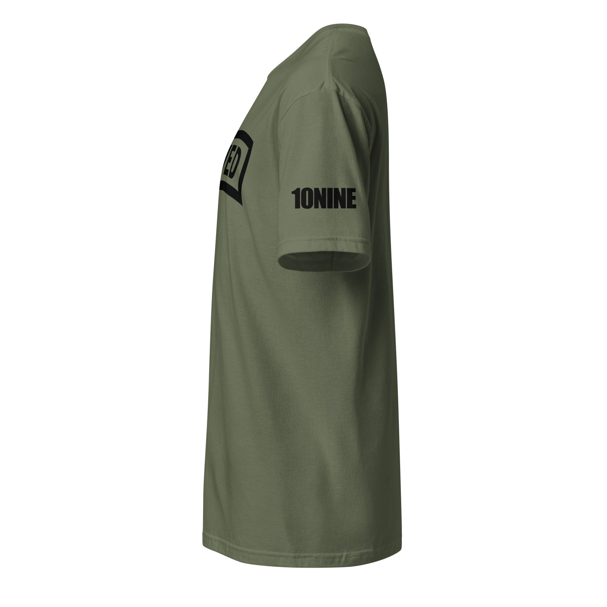 Side view of the SAVED Military Tab Tee with 10NINE sleeve print, olive green.